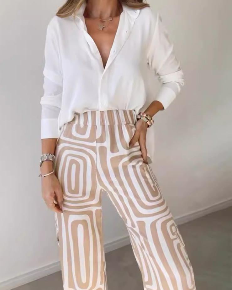 Two-piece set: collared casual solid color top + printed pants