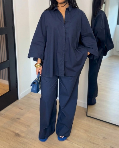 Lapel Casual Solid Color Two-Piece Set