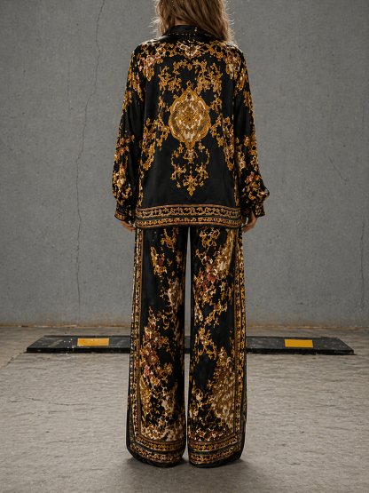 Casual Black and Gold Print Two-Piece Set