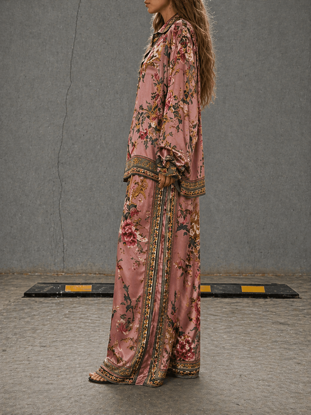 Casual Pink Flowers Print Two-Piece Set