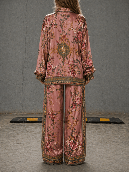 Casual Pink Flowers Print Two-Piece Set