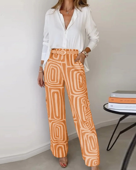 Two-piece set: collared casual solid color top + printed pants