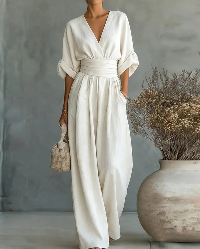 Solid-Color V-Neck Waist-Cinching Jumpsuit
