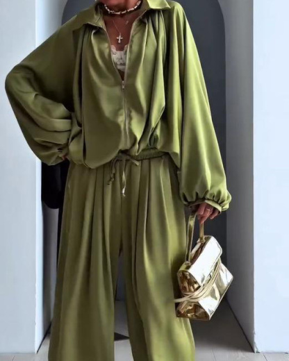 Lapel Casual Solid Color Loose Two-Piece Set