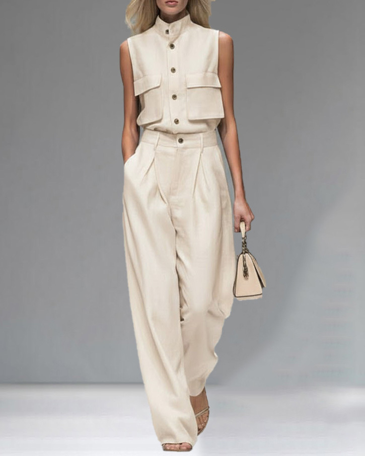 Lapel Sleeveless Solid-Color Two-Piece Set