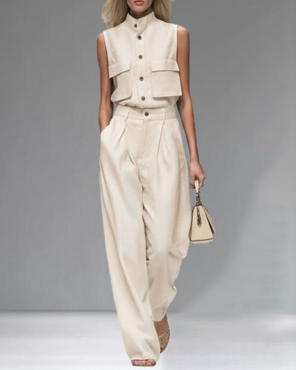 Lapel Sleeveless Solid-Color Two-Piece Set
