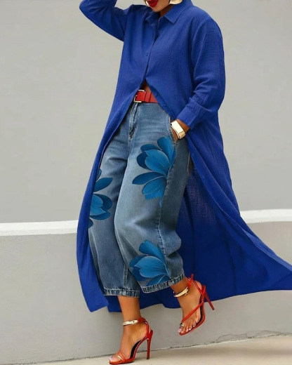 Casual Solid-Color Shirt Dress with Turn-Down Collar