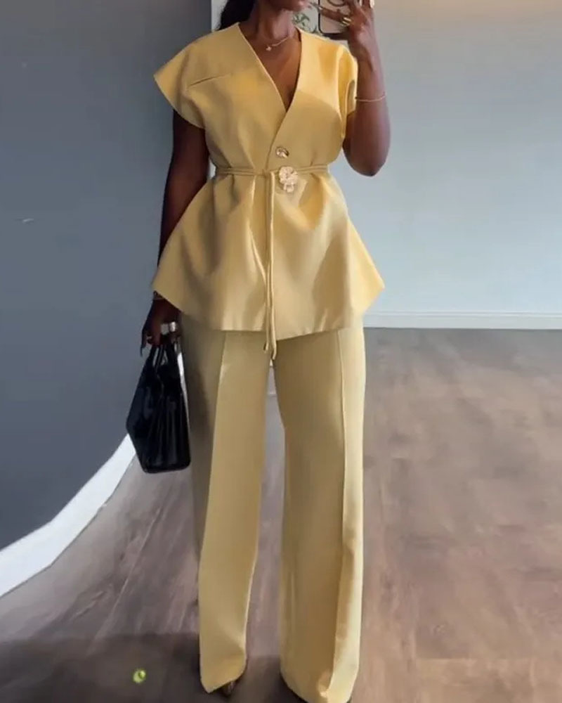 Sleeveless casual solid color two-piece set