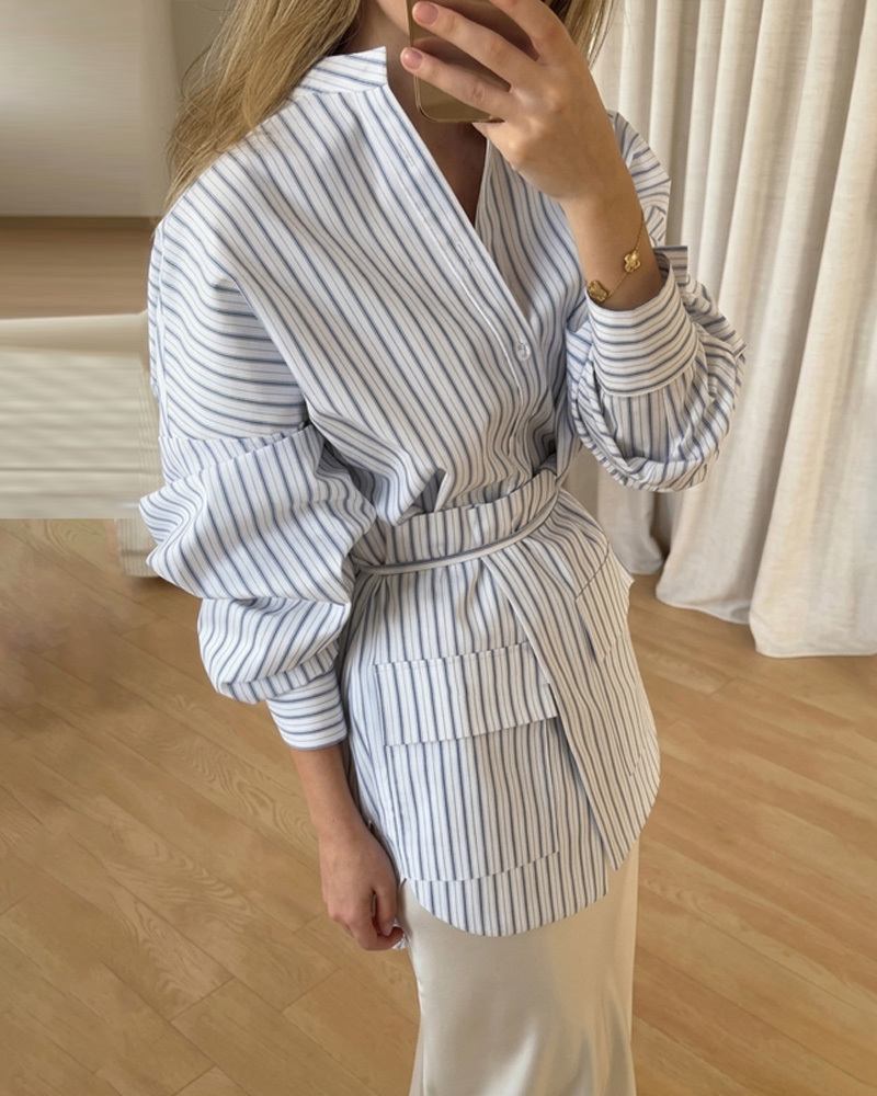 Striped Collared Shirt With Detachable Ruffled Tie