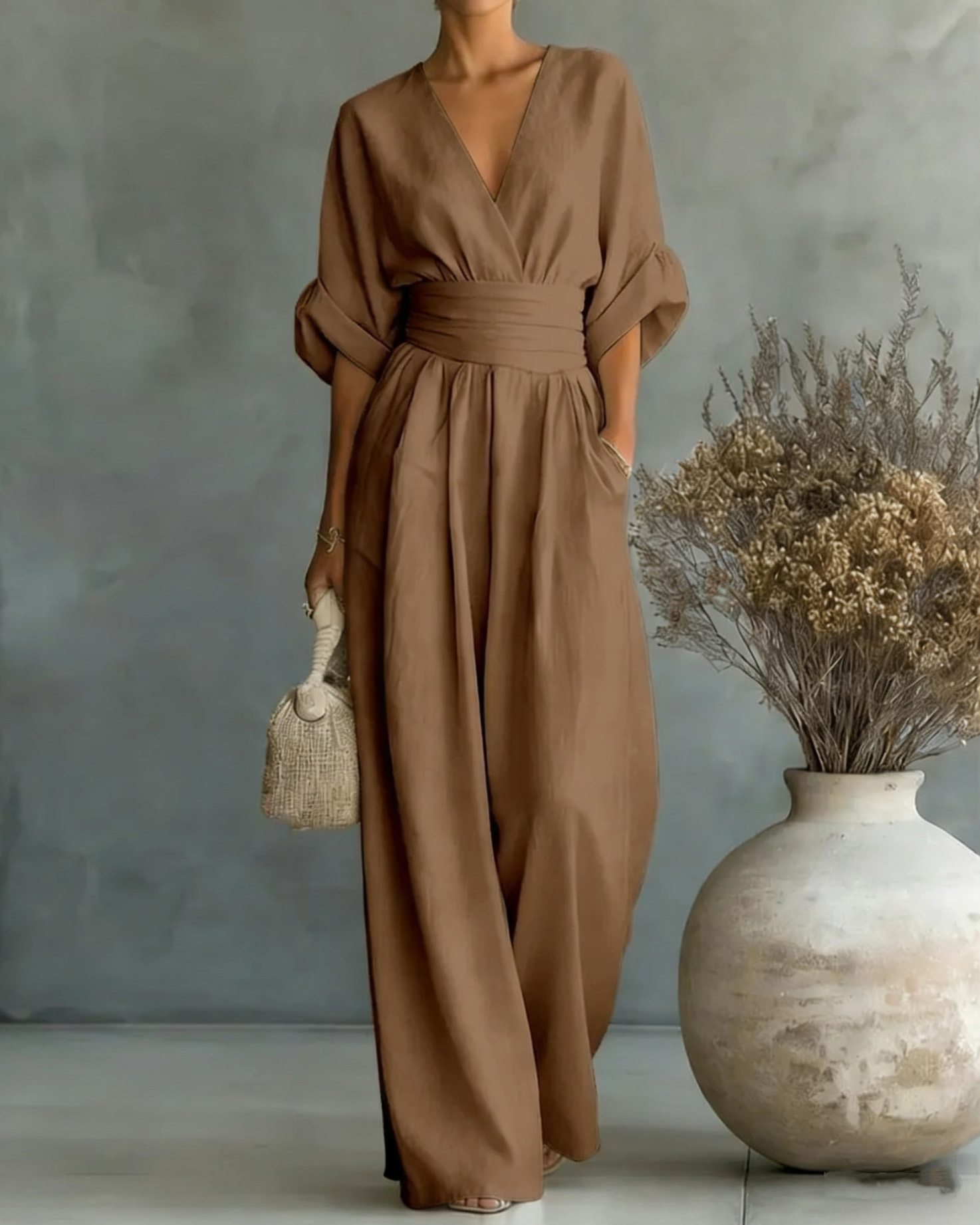 Solid-Color V-Neck Waist-Cinching Jumpsuit
