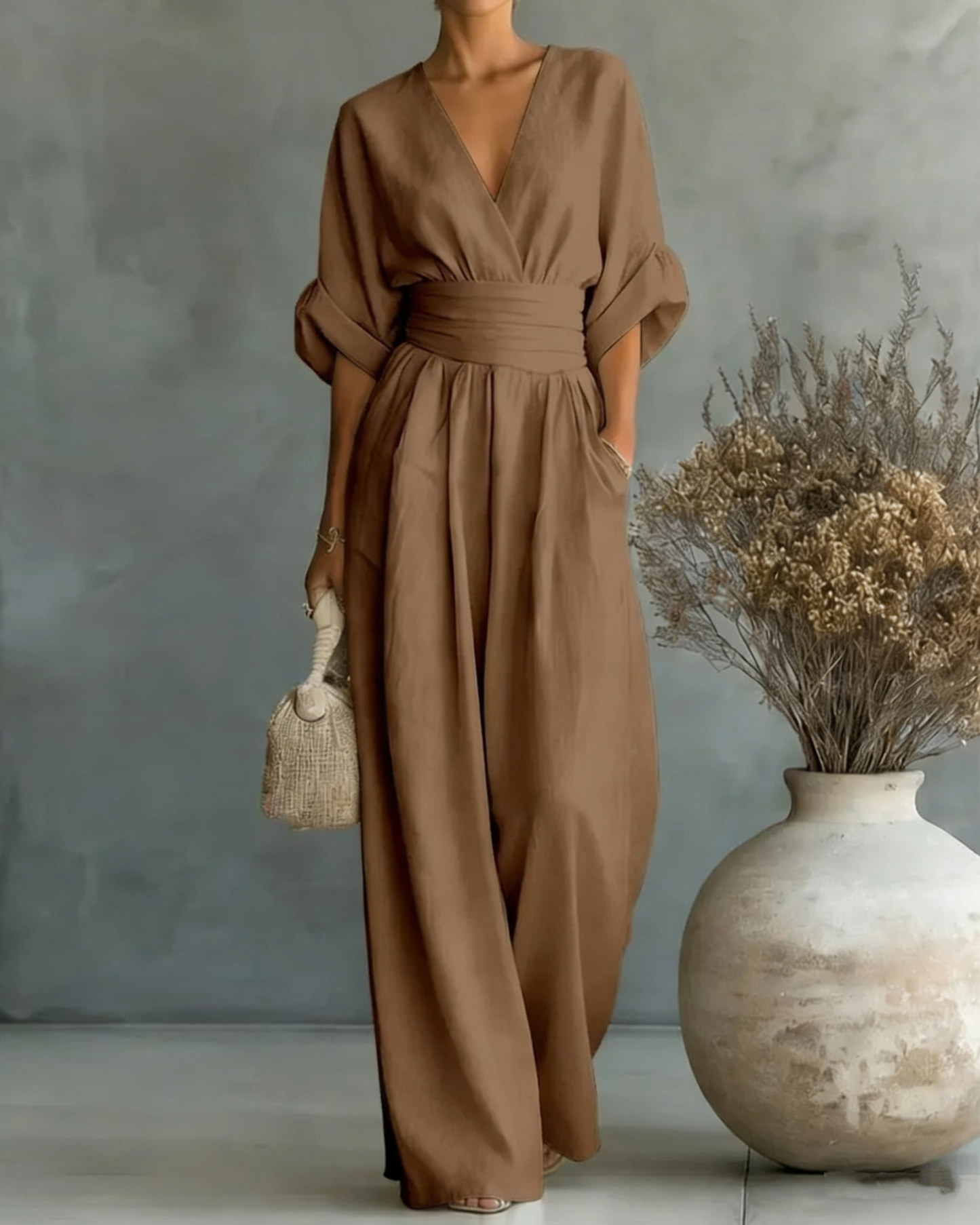 Solid-Color V-Neck Waist-Cinching Jumpsuit