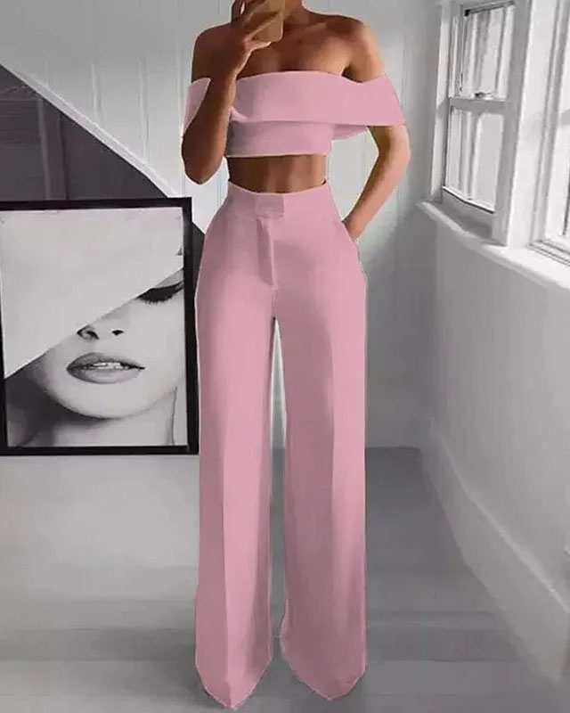 Off-shoulder casual solid color two-piece set