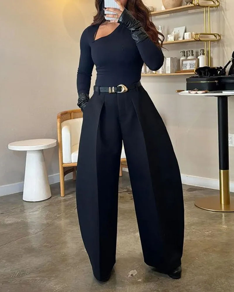 Casual long-sleeved solid color two-piece set