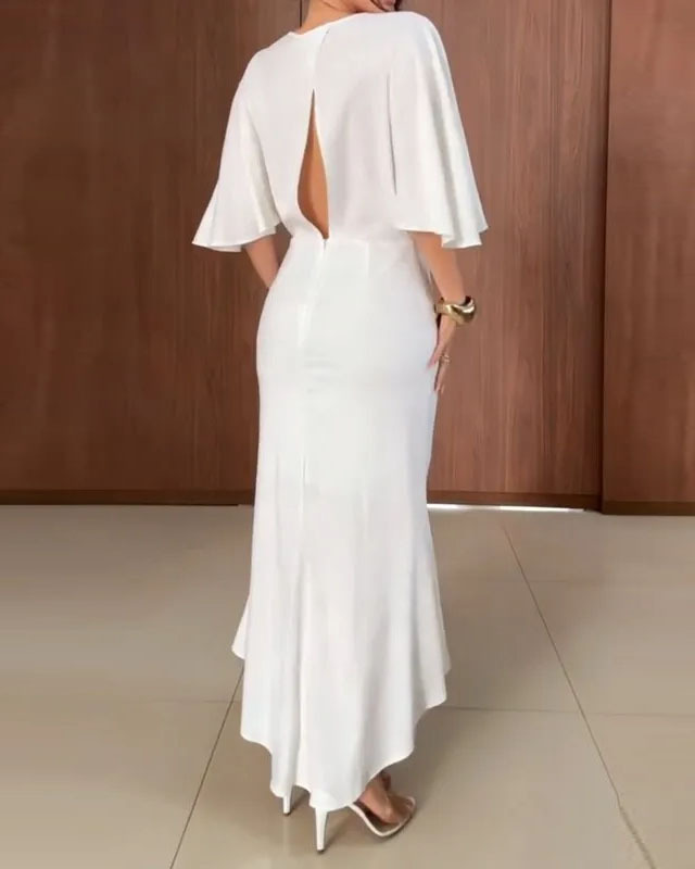 V-neck fitted waist solid color dress