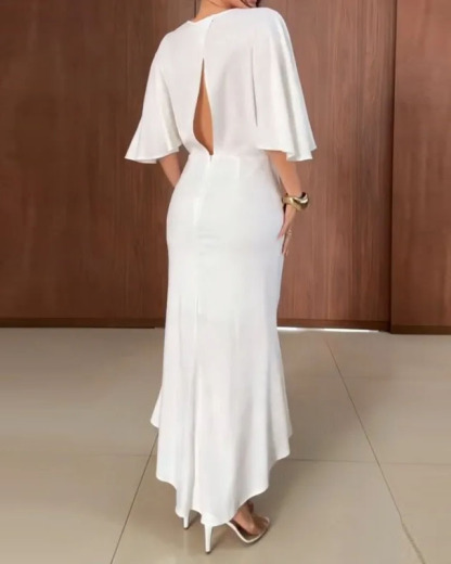 V-neck fitted waist solid color dress