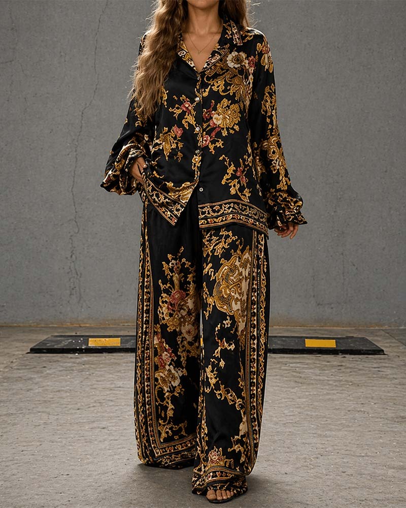 Casual Black and Gold Print Two-Piece Set