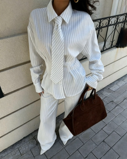 Striped Cinched Shirt with Tie and Wide Leg Pants Two-Piece Set