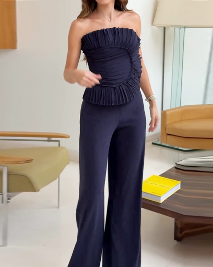 Elegant Pleated Solid Color Jumpsuit
