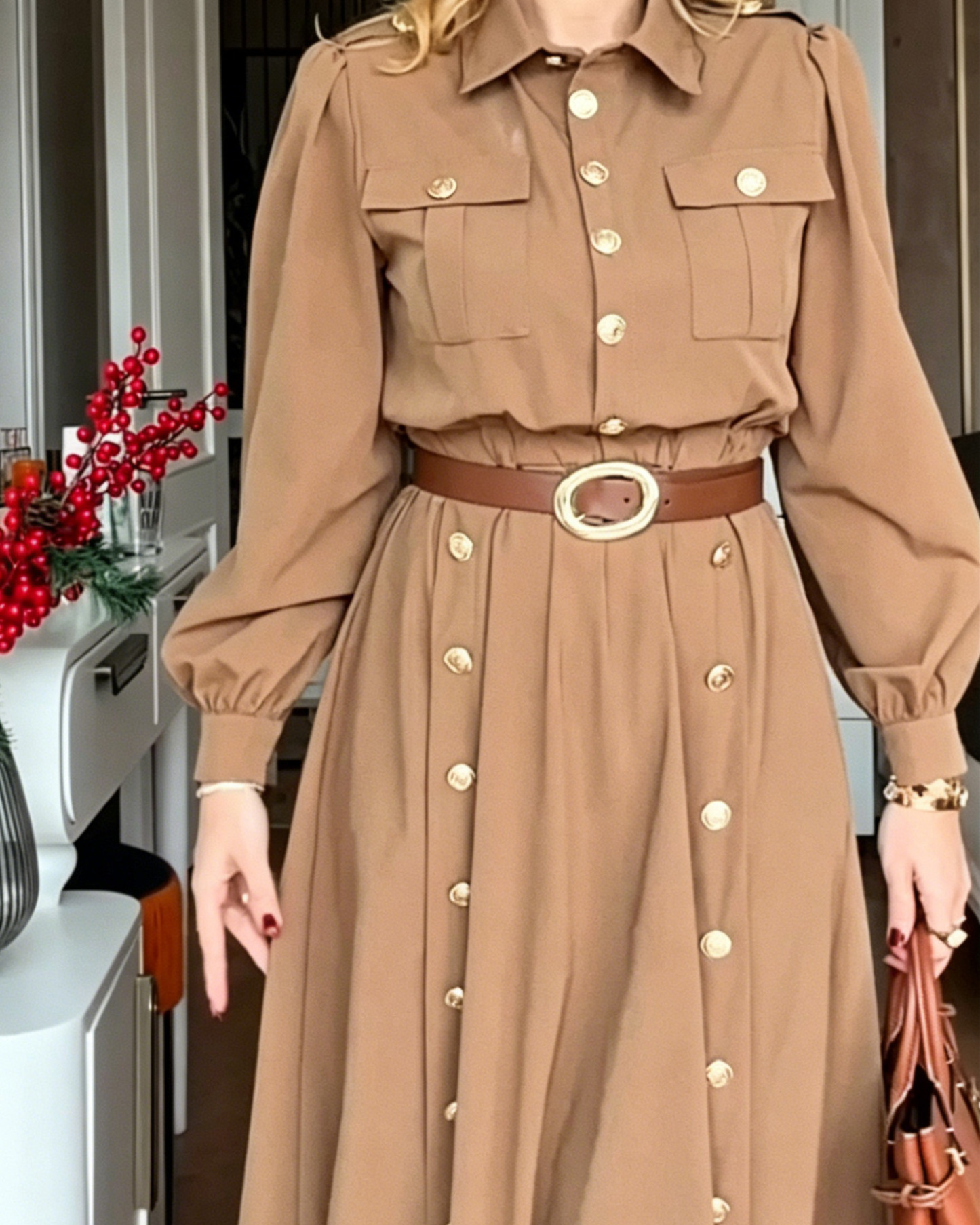 Collared Long-Sleeved Solid Color Two-Piece Set