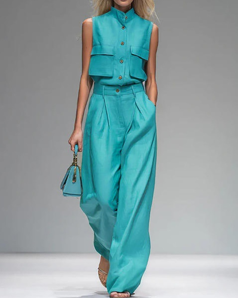Lapel Sleeveless Solid-Color Two-Piece Set