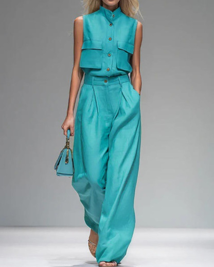 Lapel Sleeveless Solid-Color Two-Piece Set