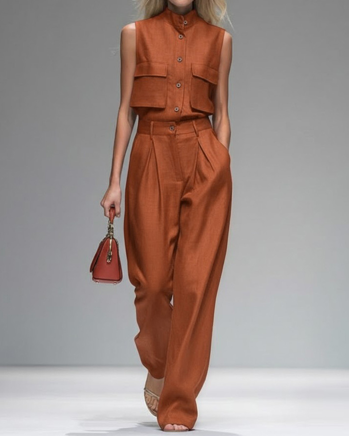 Lapel Sleeveless Solid-Color Two-Piece Set