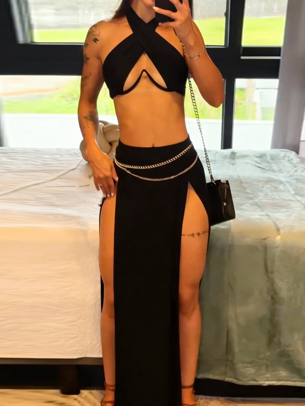 Sleeveless solid color cross - slit two - piece set - MismiDaily - Two - piece