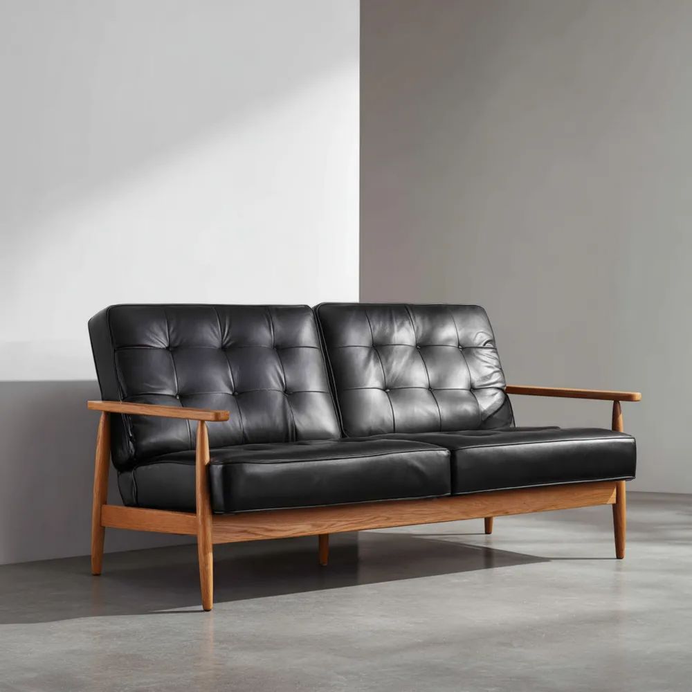2-Sitzer Ledersofa 150x80x78 cm Massivholzrahmen - Schwarz - Mid-Century Design