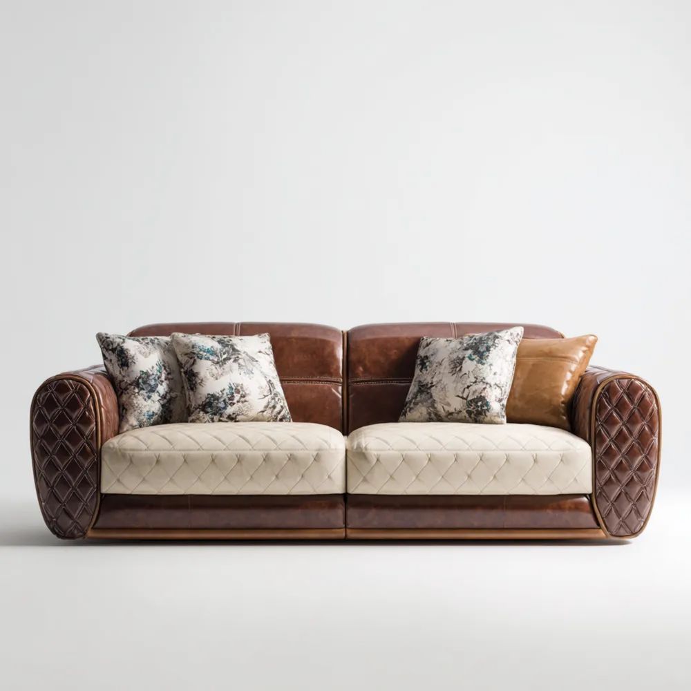 2-Sitzer-Sofa Leder und Stoff 200x90x85 cm – Braun/Beige – Klassisches Design