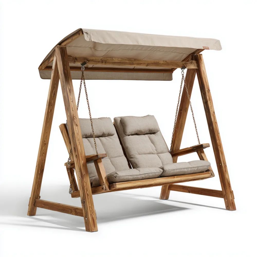 Gartenschaukel aus Holz mit Kissen - 200x120x170 cm - Beige - Robust und Wetterfest