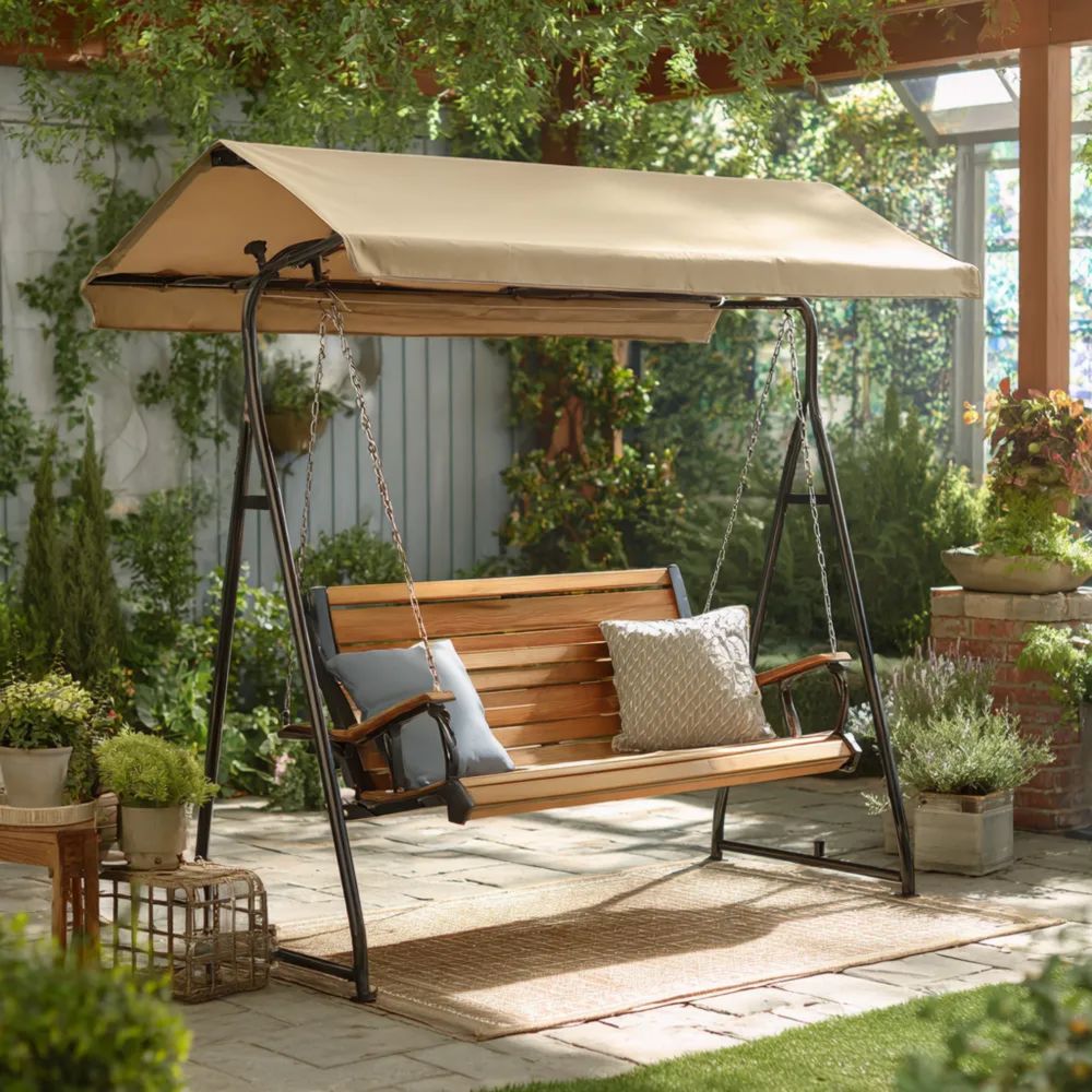 Gartenschaukel Metallgestell Holzsitz 200x120x170 cm - Beige/Schwarz/Holz - Wetterfest