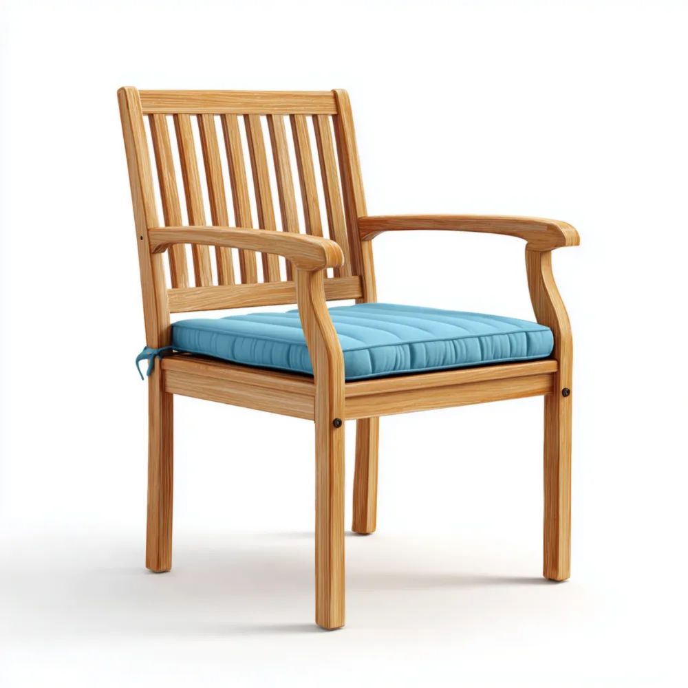 Gartenstuhl aus Holz 58x60x90 cm – Hellbraun mit Blauem Kissen – Klassisches Design