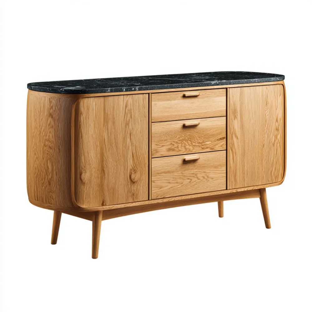 Skandinavisches Sideboard Eiche Holz und Marmor 150x45x75 cm – Naturholz/Schwarz