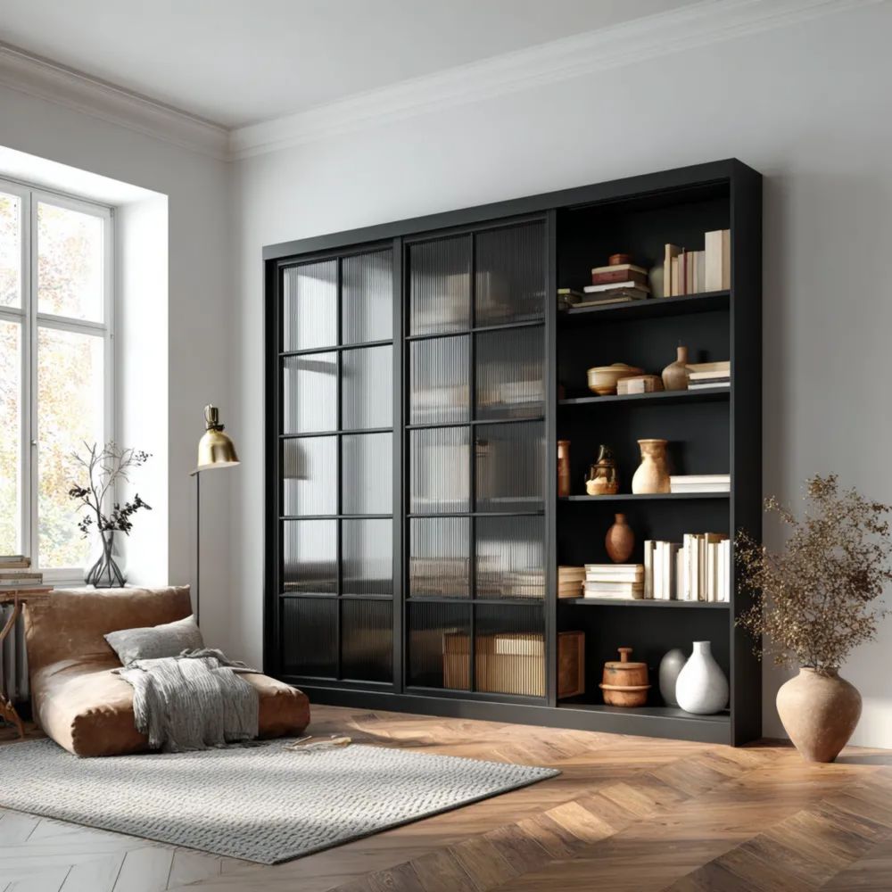 Vitrinenschrank Holz 200x220x40 cm - Schwarz - Modernes Design