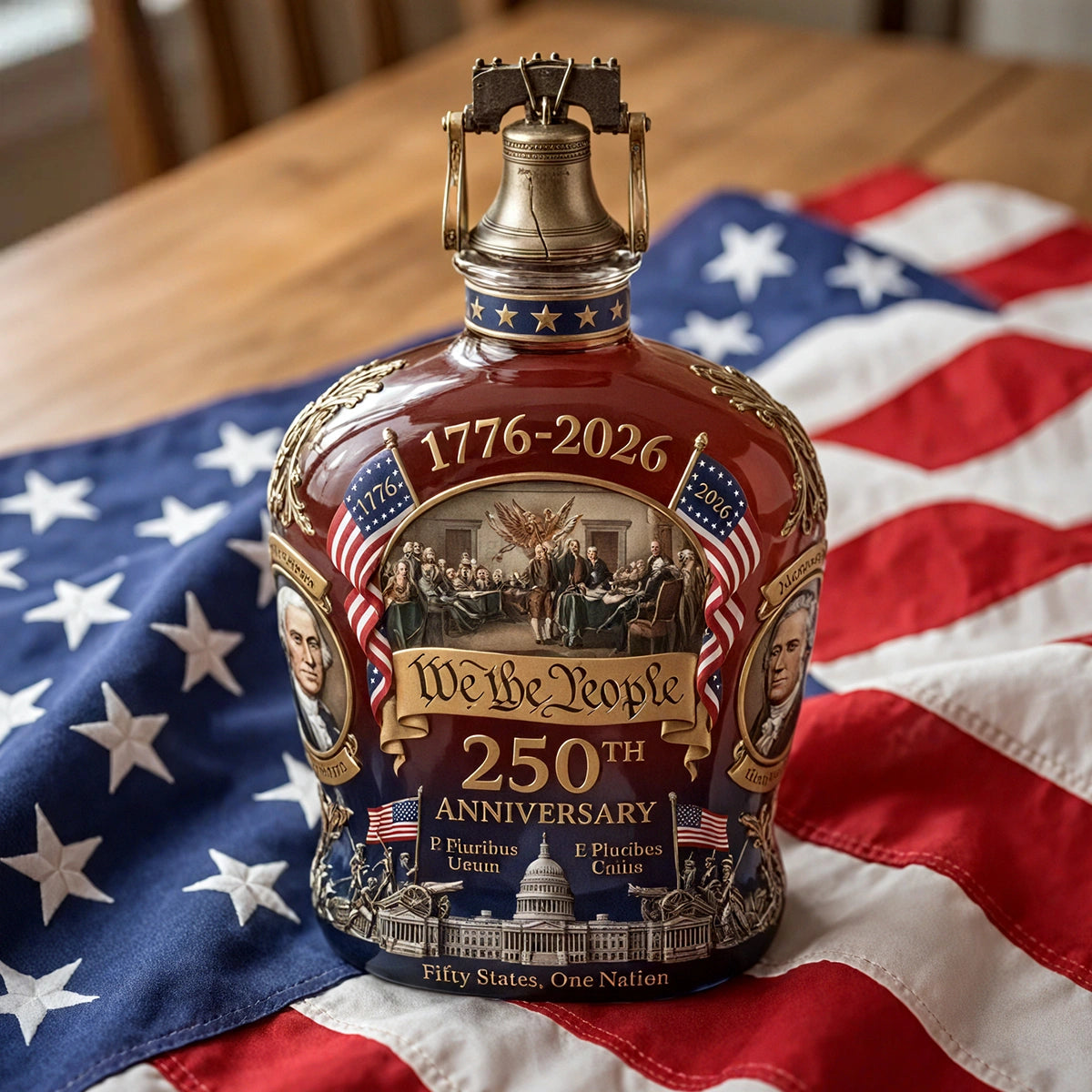 Decorative bottle with 1776-2026 design on an American flag