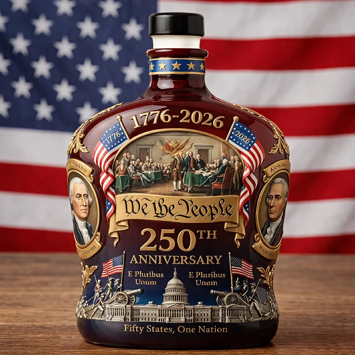 Bottle with a commemorative label for the 250th anniversary of a significant event, set against an American flag background.