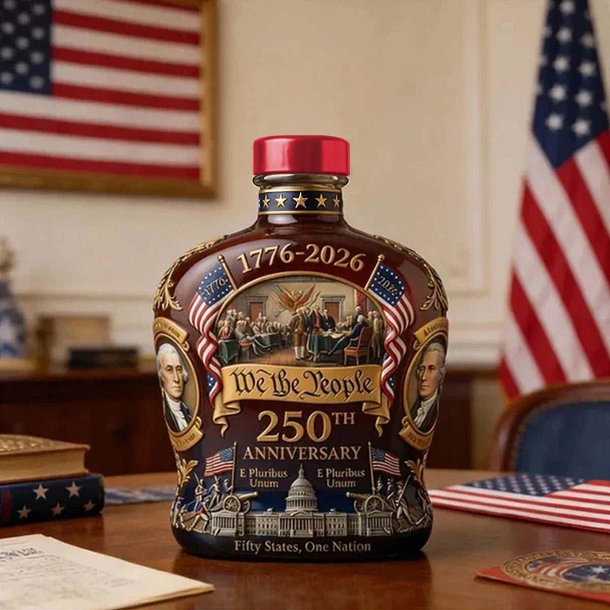 Bottle with 'We the People' 250th Anniversary design in a formal setting with American flags.