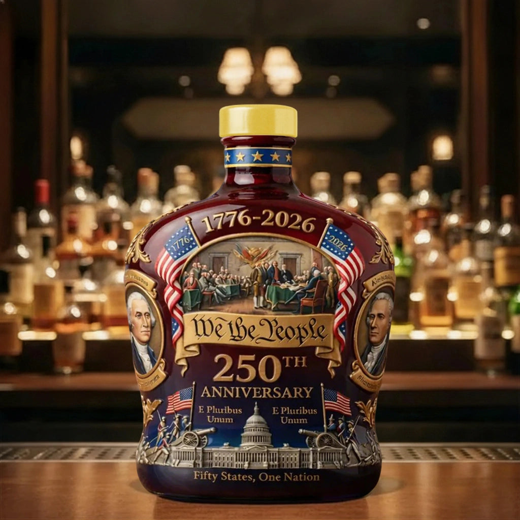 Bottle with 'We the People' 250th Anniversary design on a bar background