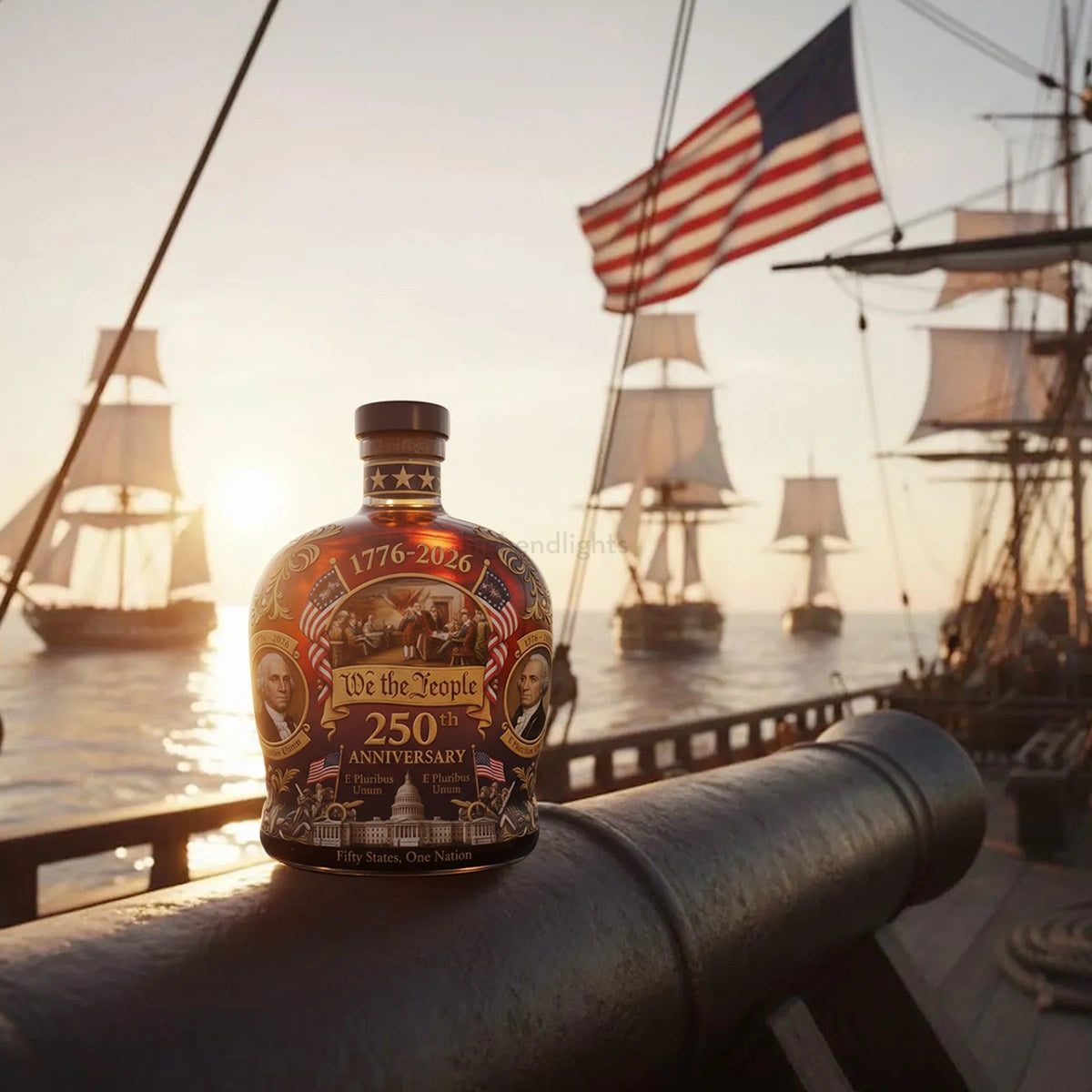 Bottle with 250th anniversary design on a ship cannon, with American flag and sunset in the background