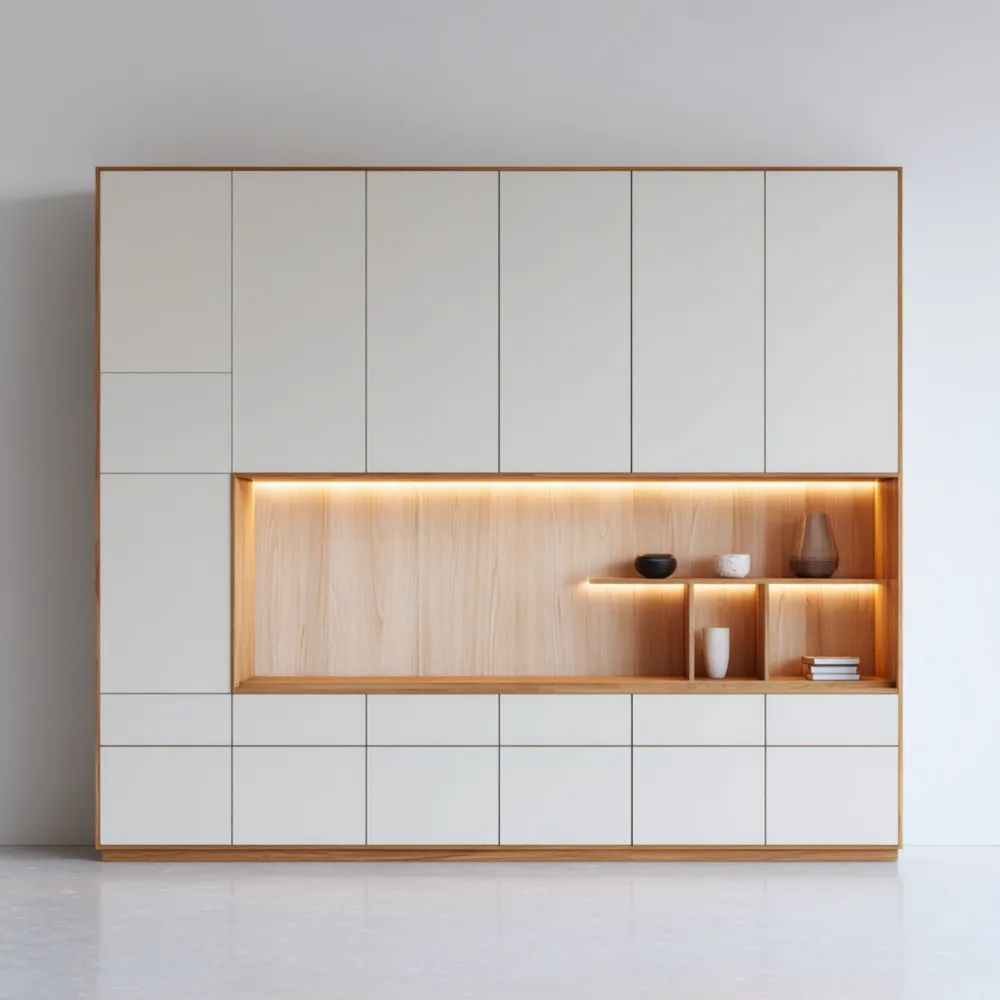 Wohnwand 200x180x35 cm - Holz - Weiß/Natur - Modernes Design mit LED-Beleuchtung