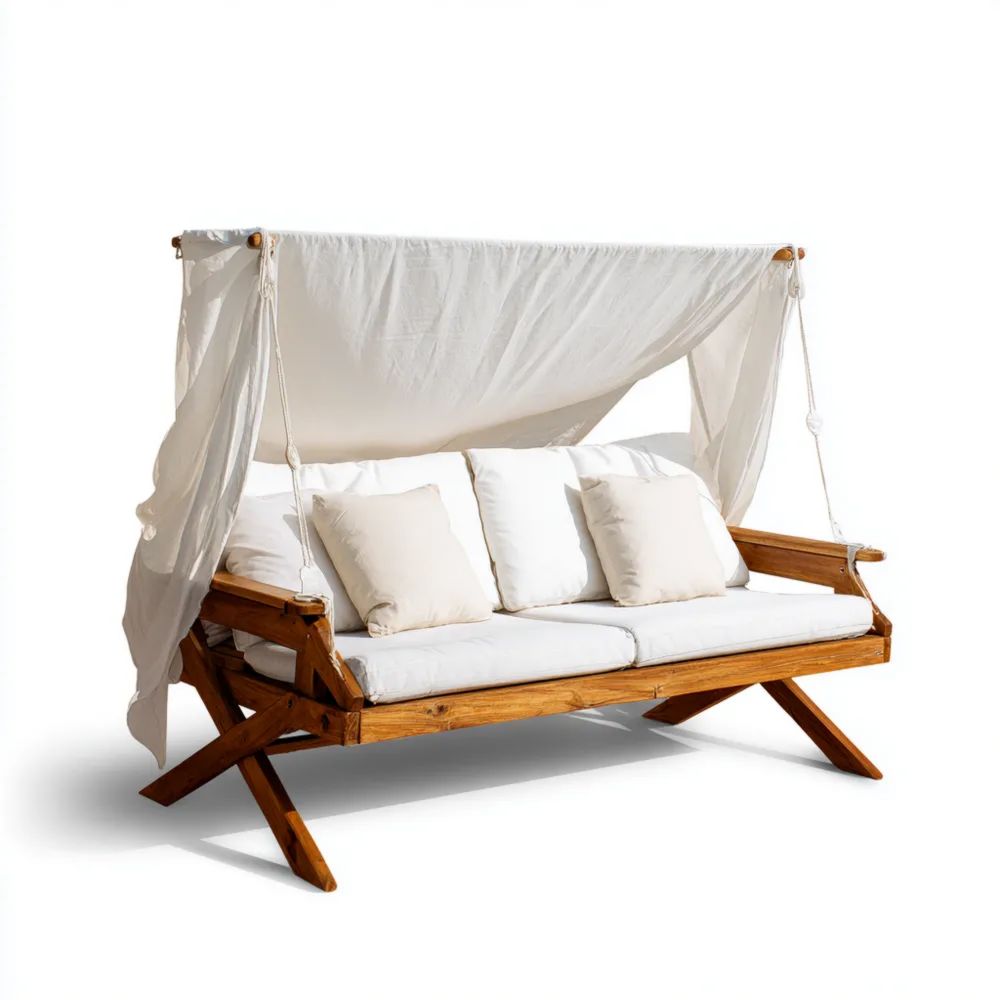 3-Sitzer-Gartensofa mit Holzrahmen und Baldachin 200x100x180 cm – Cremeweiß