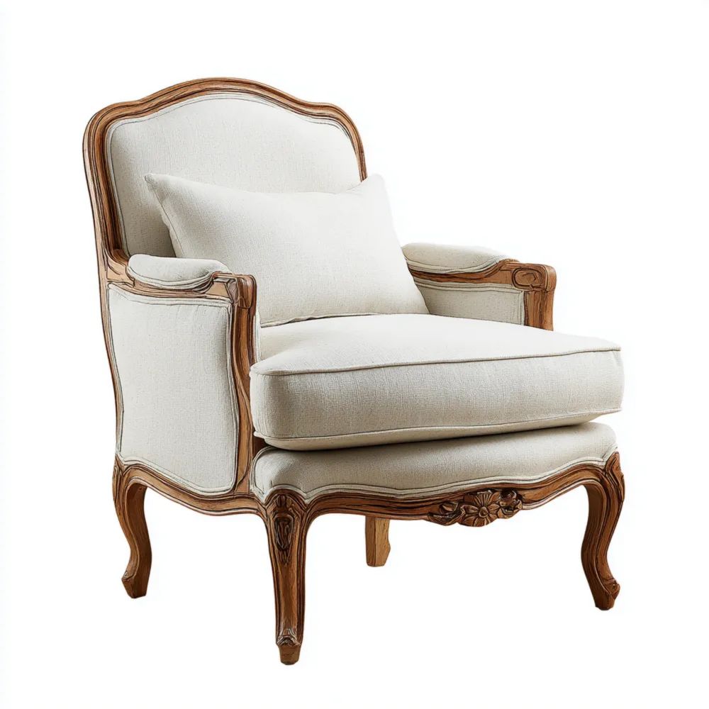 Poltrona Classica in Legno Intagliato e Lino 75x80x90 cm - Crema - Stile Vintage