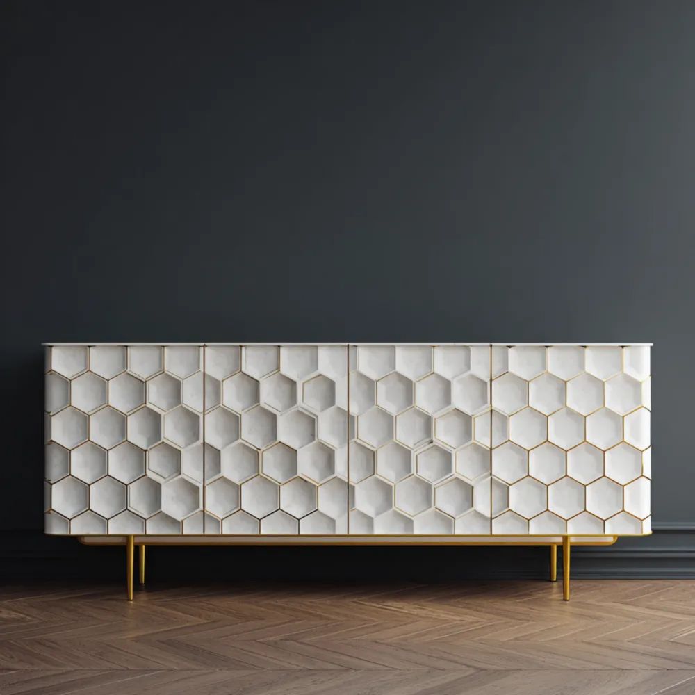 Credenza Decorativa 200x45x80 cm – Bianco/Oro – Design Esagonale