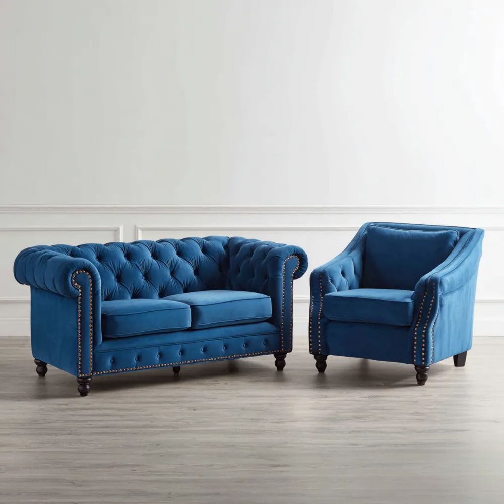Set di divani in velluto Blu 160x85x75 cm e poltrona 90x85x75 cm - Design classico