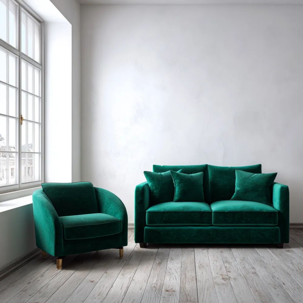 Set di divani 2 posti in velluto 150x80x85 cm e poltrona 85x80x75 cm – Verde Smeraldo – Design moderno