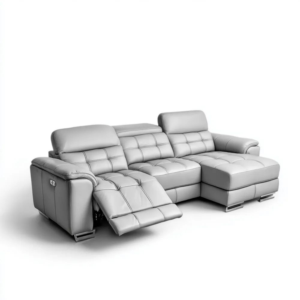Divano angolare reclinabile in pelle 250x150x90 cm - Grigio Chiaro
