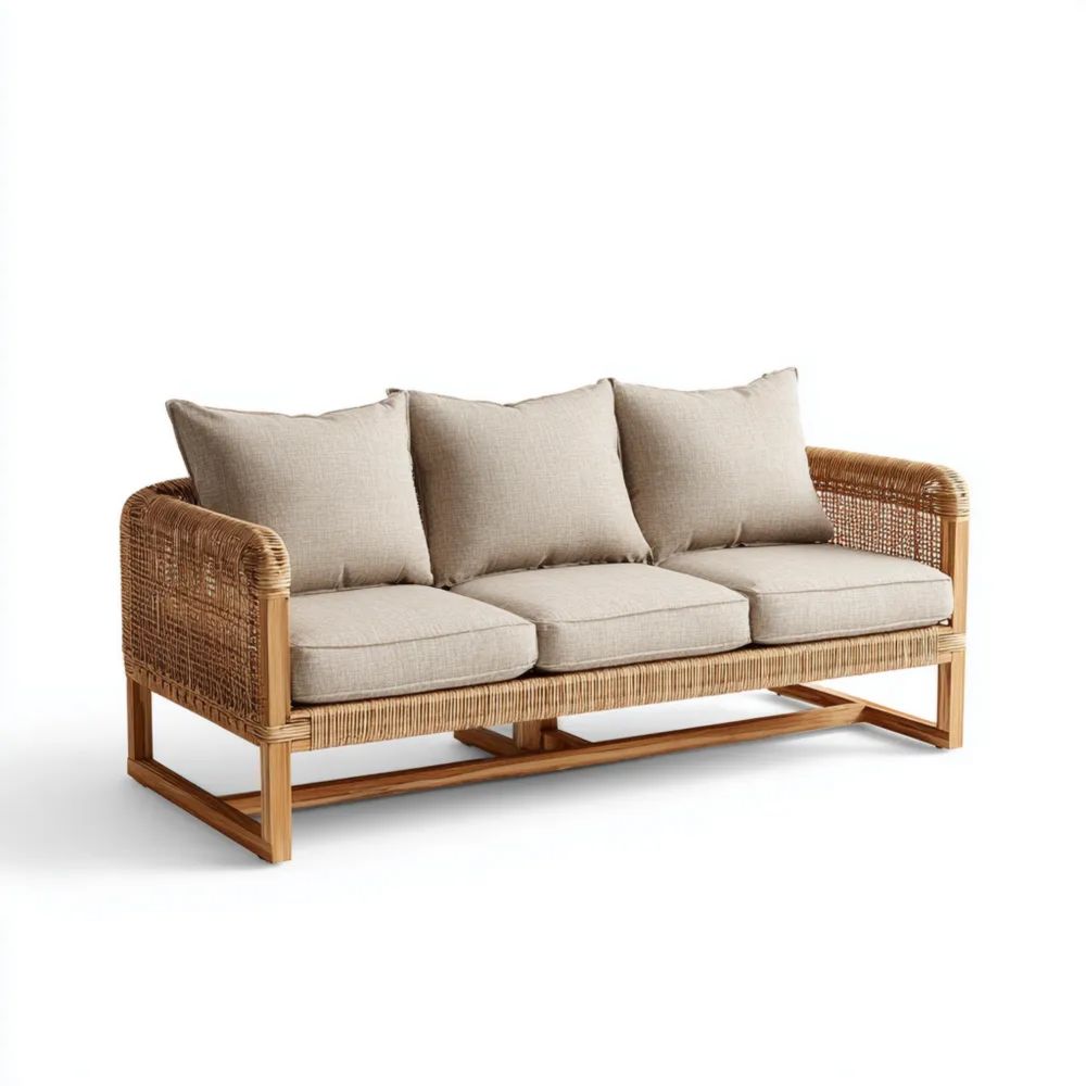 Divano a tre posti in rattan 200x80x85 cm - Beige - Stile Contemporaneo