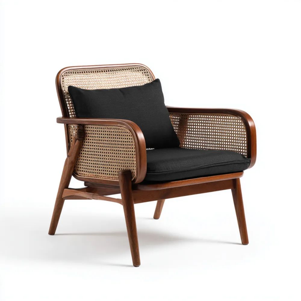 Poltrona vintage in legno e rattan 70x75x80 cm - Nero - Design retrò