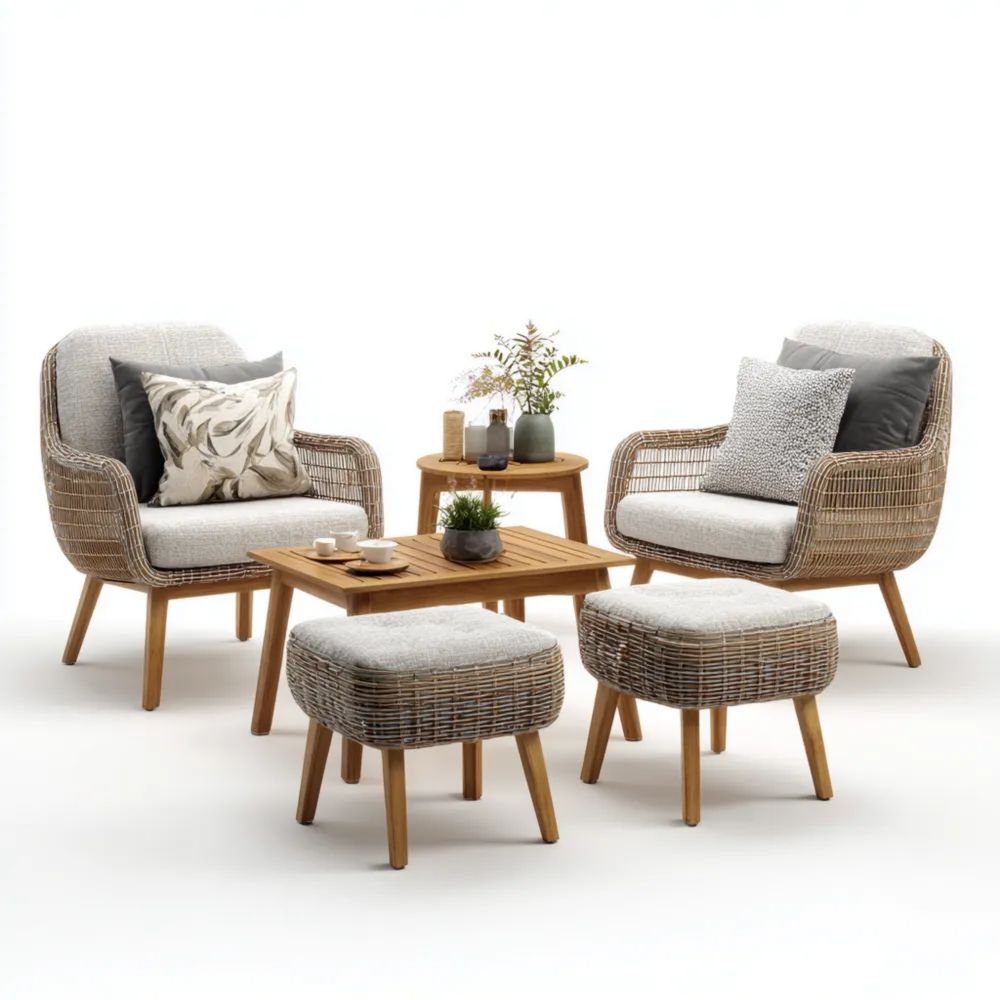 Set di mobili relax da giardino in rattan e legno 75x70x85 cm (Poltrona) – 50x50x40 cm (Poggiapiedi) – 60x60x40 cm (Tavolino basso) – 50x50x45 cm (Tavolino laterale) – Grigio – Design moderno