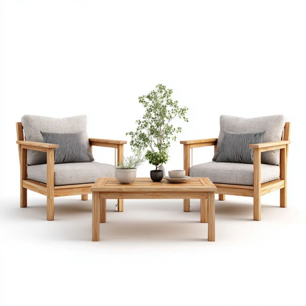 Set mobili relax da esterno in legno 2 poltrone con tavolino 85x75x70 cm 90x50x40 cm – Grigio – Design moderno